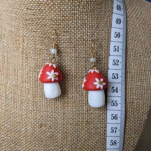 Floral Polymer Clay Mushroom Earrings; Daisy; Craft Jewelry; Red & White